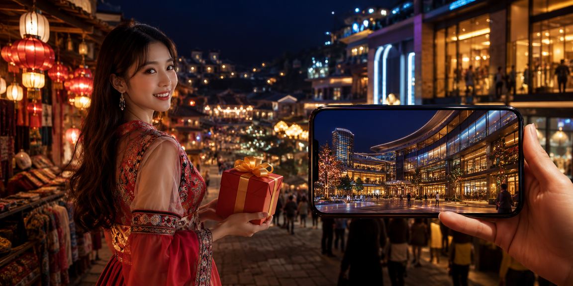 Người dùng truy cập casino mobile tại chợ đêm Sapa với ánh đèn lung linh xung quanh